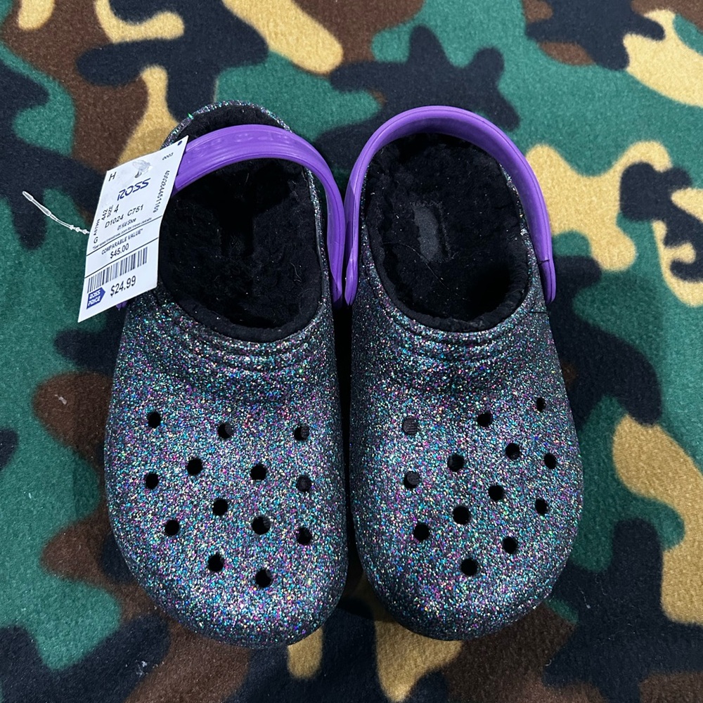Silver and Purple Sparkly Slippers with Perforated Design